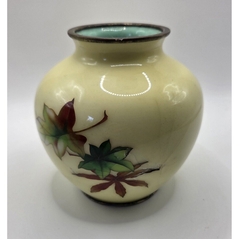 Ando Jubei Japanese Cloisonne Vase c1930 Taisho Maple Leaf As Is Restoration